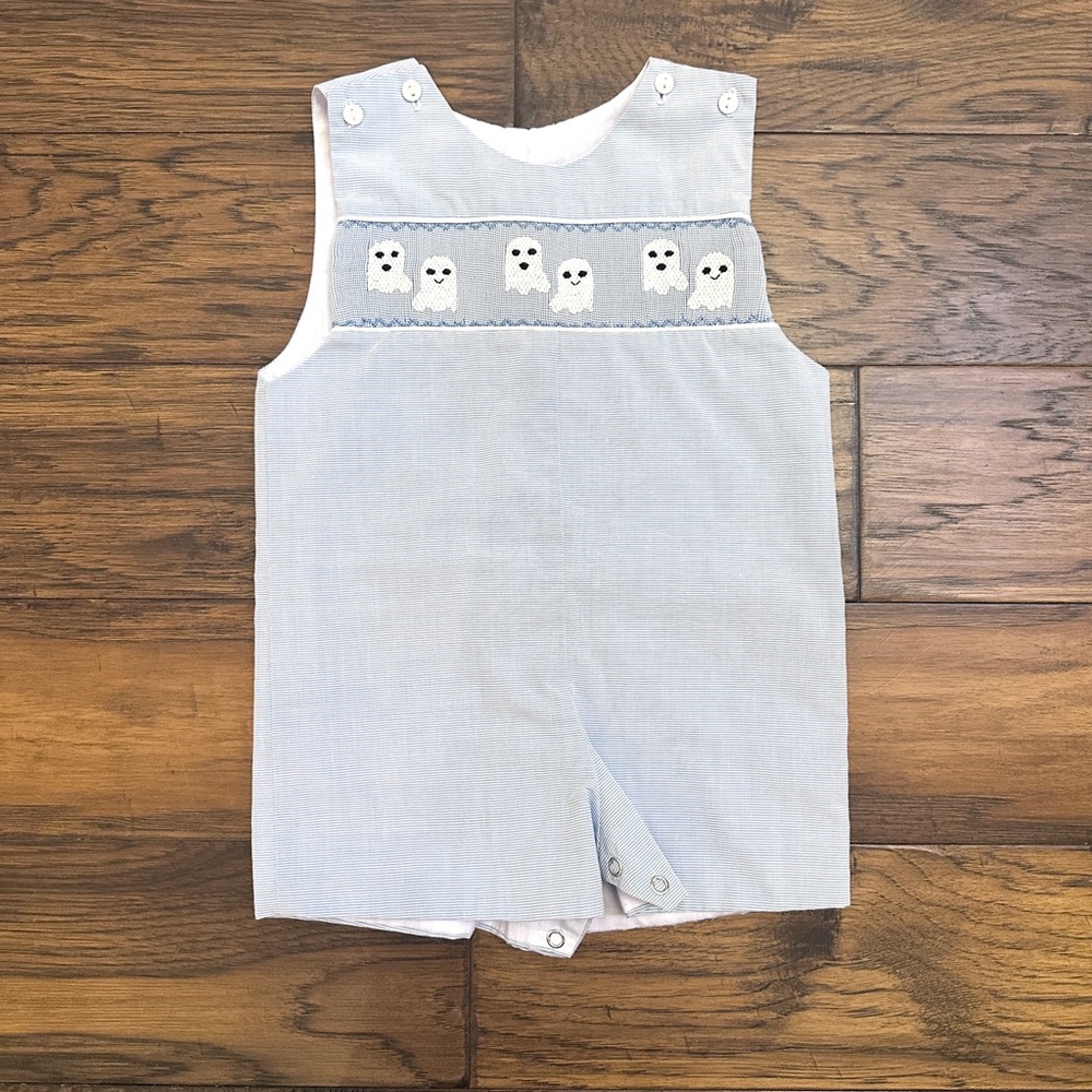 Ruth & Ralph 18 mo smocked ghosts Jon Jon/shortall, snaps under bum